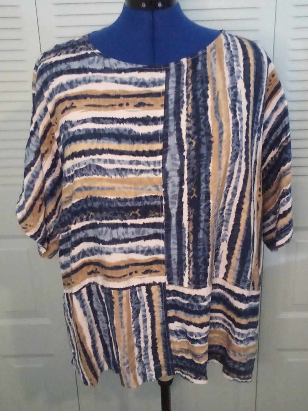 ALI MILES 3X STRIPED LINEN RAYON TUNIC NEUTRAL ROUND NECK SHORT SLEEVES BUTTONS